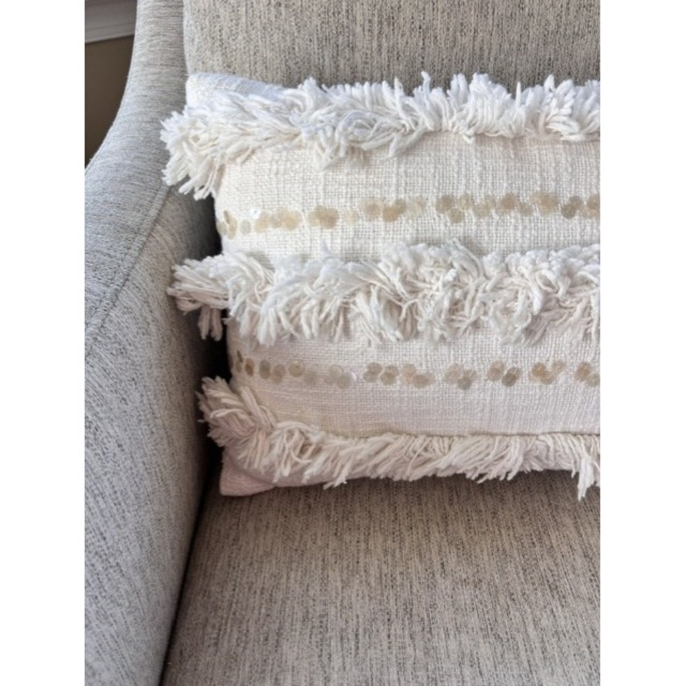 Set of 2 Magaschoni Home Throw Pillow Woven BOHO Cream Fringe NEW WITH TAGS $116